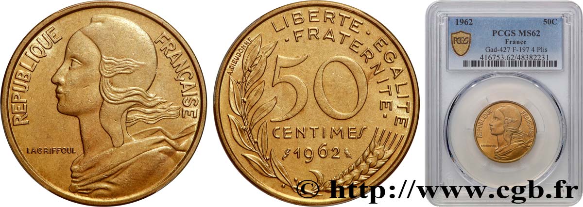 50 centimes Marianne, col à 4 plis 1962 Paris F.197/3 SUP62 PCGS