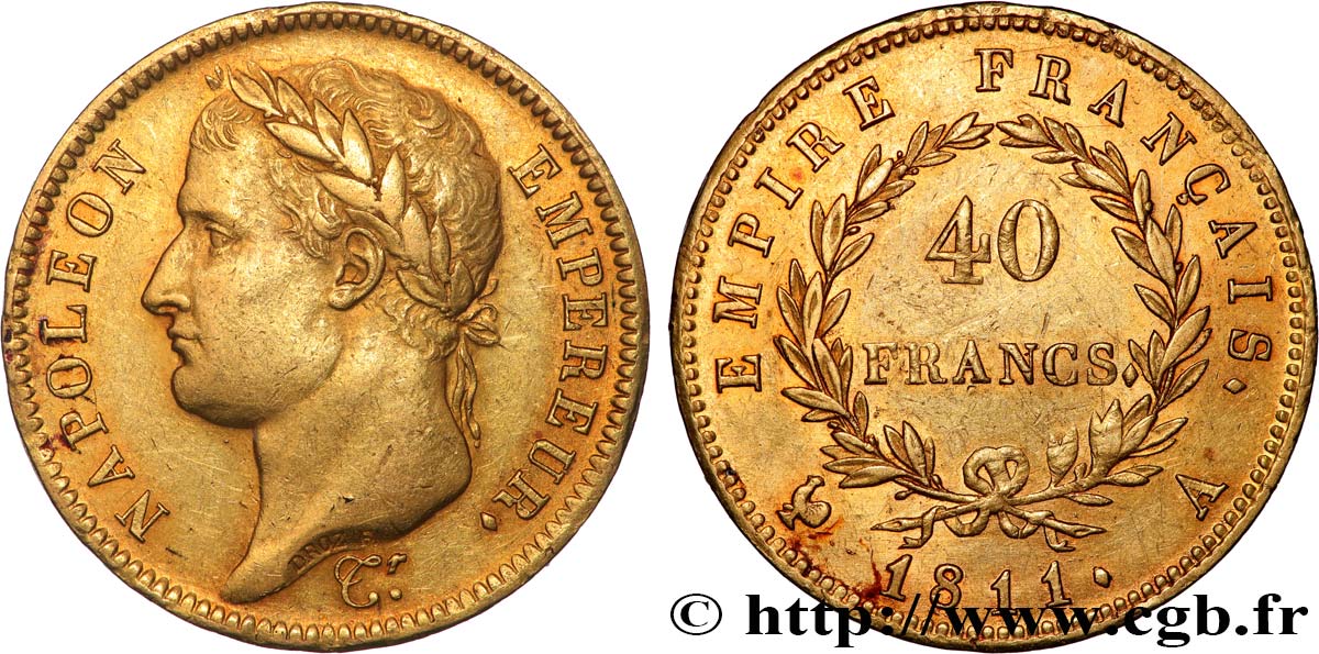40 francs or Napoléon tête laurée, Empire français 1811 Paris F.541/6 XF 