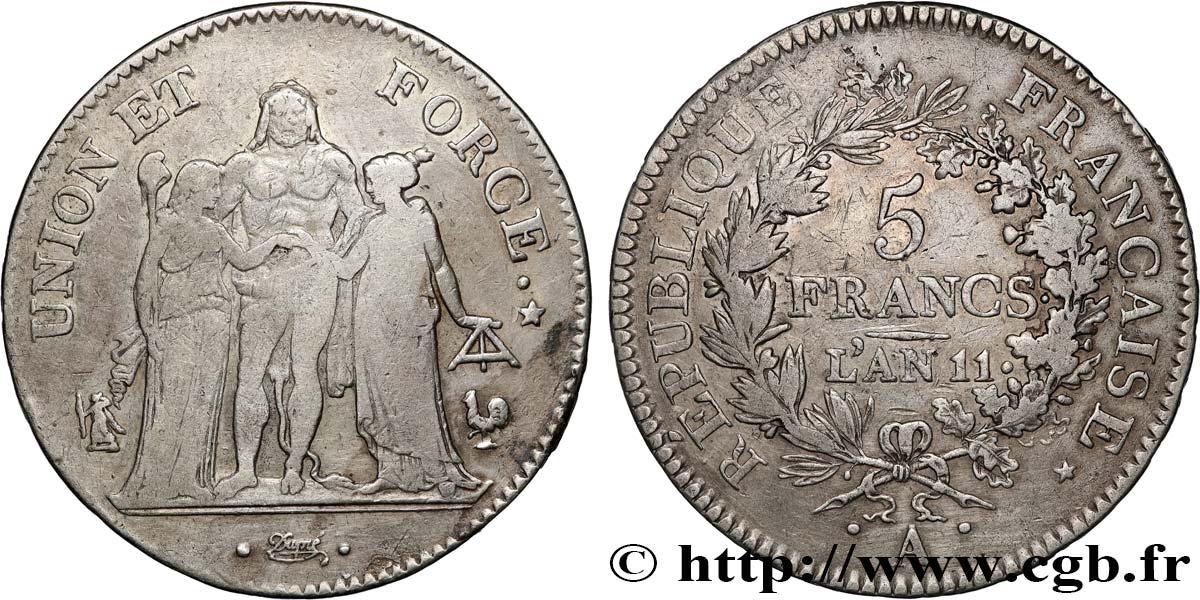 5 francs Union et Force, Union serré, seulement glands intérieurs 1803 Paris F.288/188 TB 