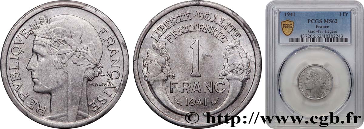 1 franc Morlon, légère 1941 Paris F.221/2 SUP62 PCGS