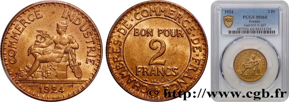 2 francs Chambres de Commerce 1924  F.267/6 MS64 PCGS