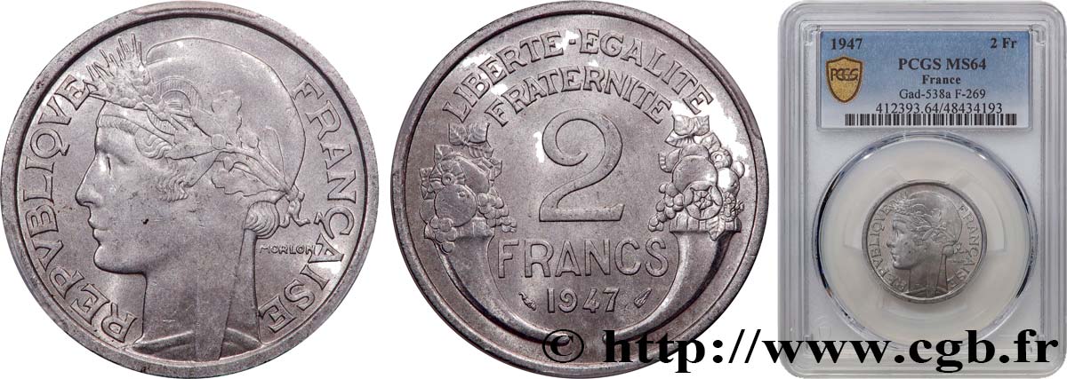 2 francs Morlon, aluminium 1947  F.269/10 fST64 PCGS