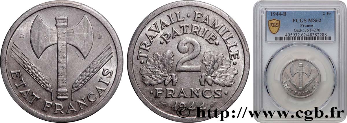2 francs Francisque 1944 Beaumont-Le-Roger F.270/5 SPL62 PCGS