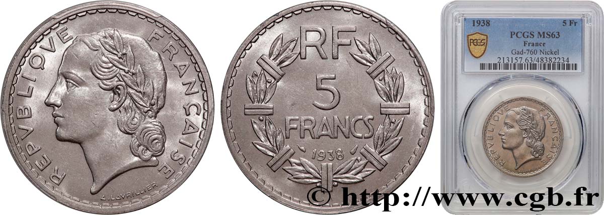 5 francs Lavrillier, nickel 1938  F.336/7 MS63 PCGS