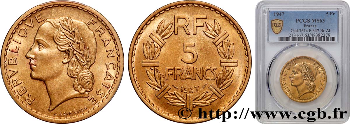 5 francs Lavrillier, bronze-aluminium 1947  F.337/9 MS63 PCGS