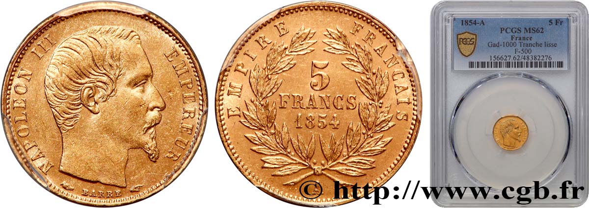 5 francs or Napoléon III, tête nue, petit module, tranche lisse 1854 Paris F.500/1 MS62 PCGS