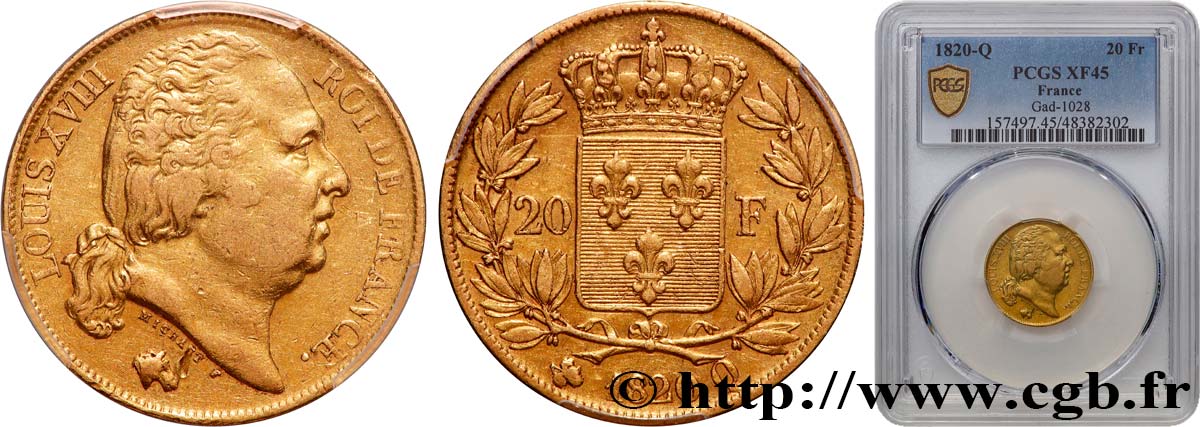 20 francs or Louis XVIII, tête nue 1820 Perpignan F.519/21 XF45 PCGS