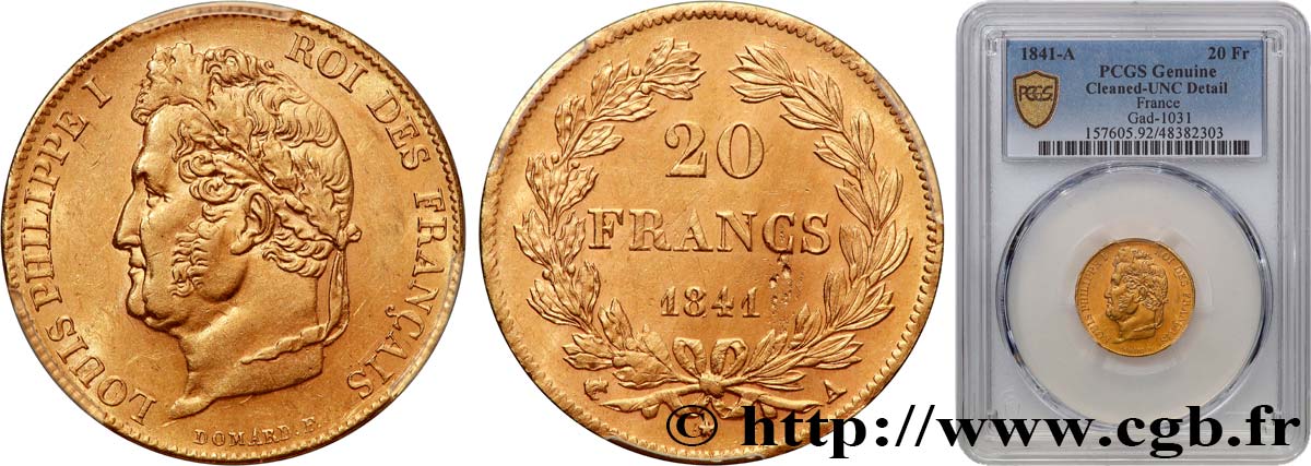 20 francs or Louis-Philippe, Domard 1841 Paris F.527/25 MS PCGS