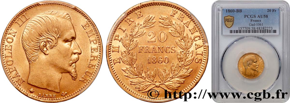 20 francs or Napoléon III, tête nue 1860 Strasbourg F.531/20 SPL58 PCGS