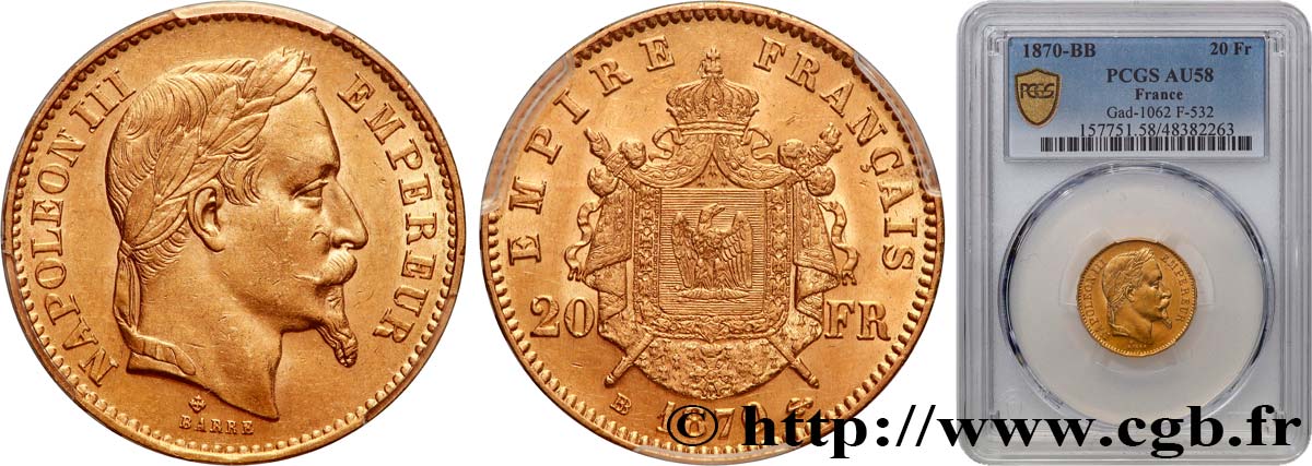 20 francs or Napoléon III, tête laurée 1870 Strasbourg F.532/24 AU58 PCGS