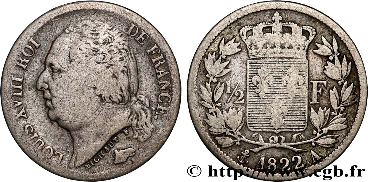 1/2 franc Louis XVIII 1822 Paris F.179/30 SGE 