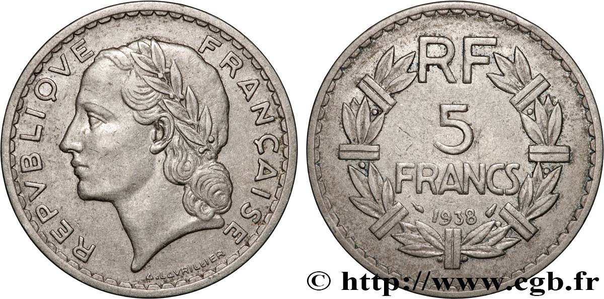 5 francs Lavrillier, nickel 1938  F.336/7 TTB 