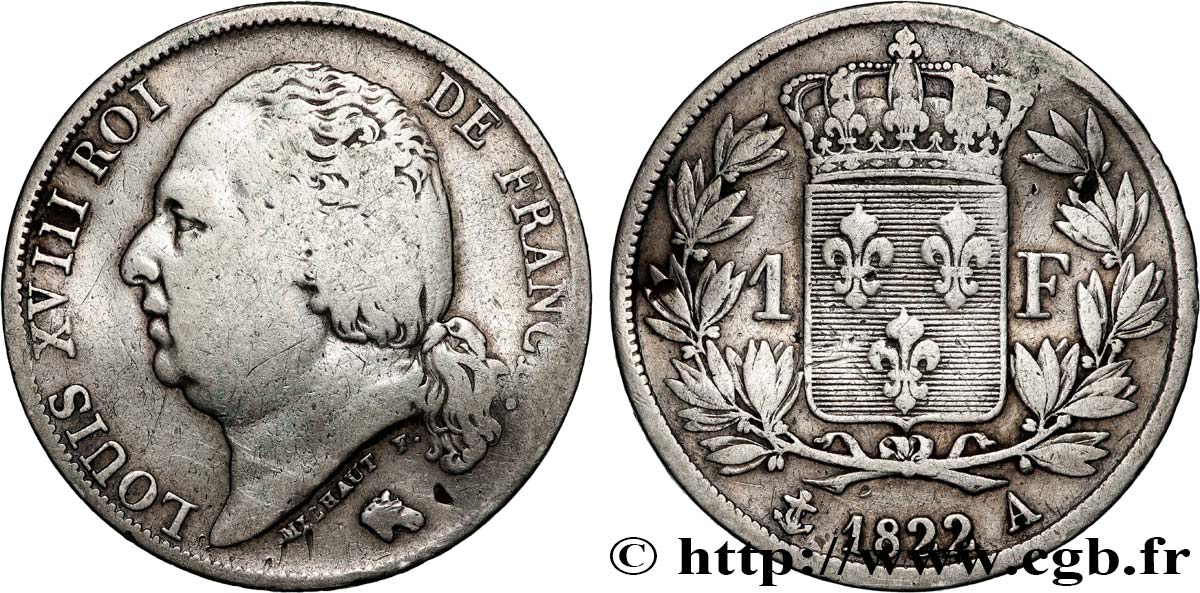 1 franc Louis XVIII 1822 Paris F.206/40 B+ 