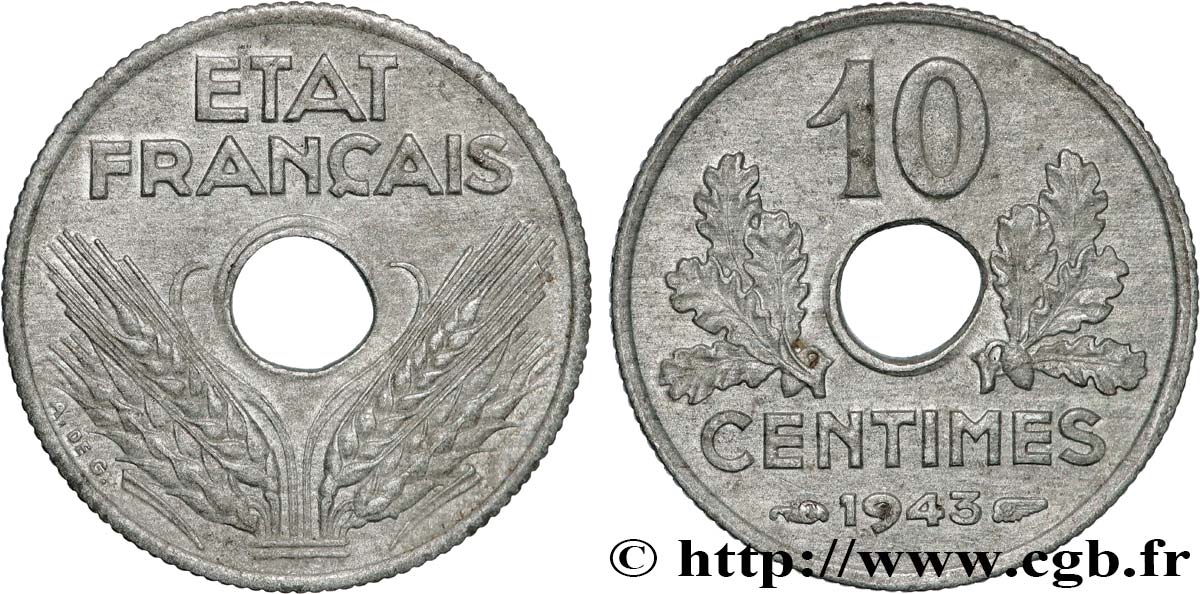 10 centimes État français, petit module 1943  F.142/2 TTB+ 