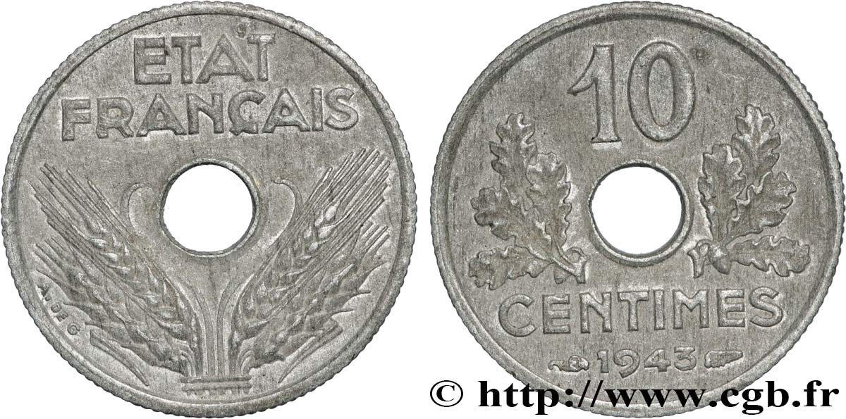 10 centimes État français, petit module 1943  F.142/2 TTB+ 