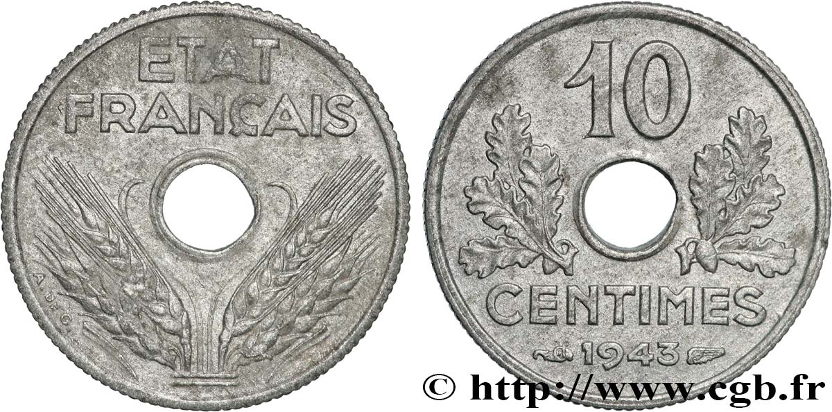 10 centimes État français, petit module 1943  F.142/2 fVZ 