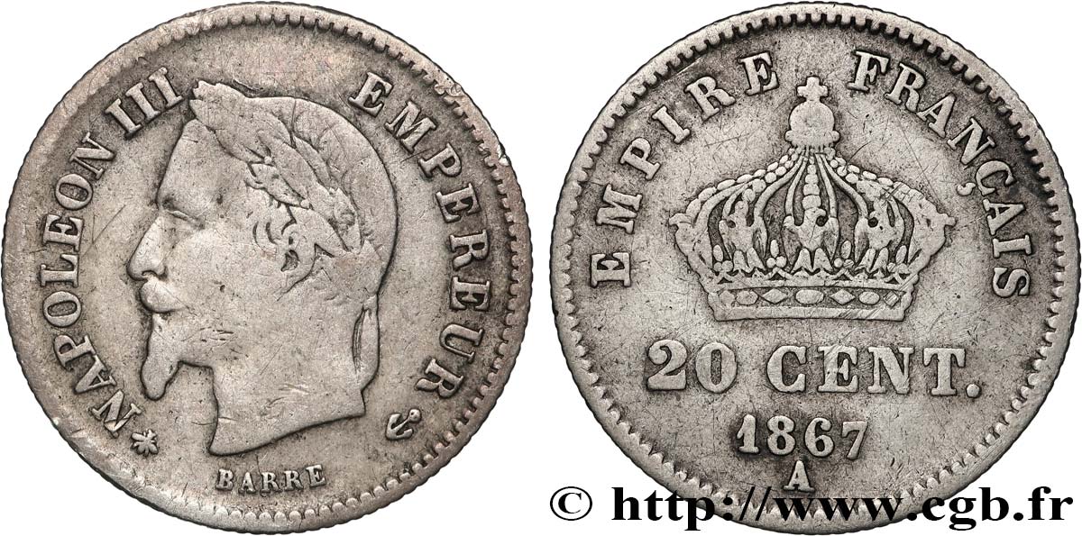 20 centimes Napoléon III, tête laurée, grand module 1867 Paris F.150/1 VF 