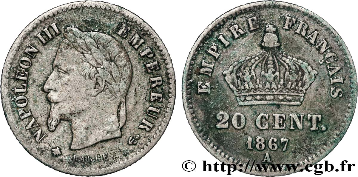 20 centimes Napoléon III, tête laurée, grand module 1867 Paris F.150/1 BC+ 