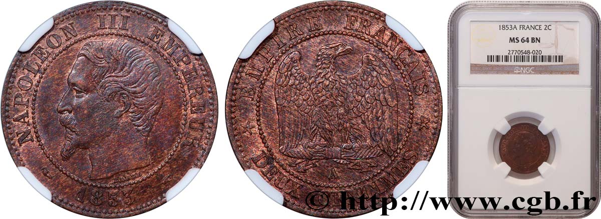 Deux centimes Napoléon III, tête nue 1853 Paris F.107/1 SPL64 NGC