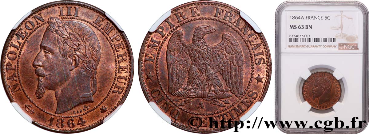 Cinq centimes Napoléon III, tête laurée 1864 Paris F.117/13 fST63 NGC