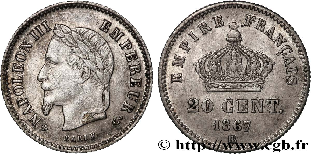 20 centimes Napoléon III, tête laurée, grand module 1867 Strasbourg F.150/2 BC+ 