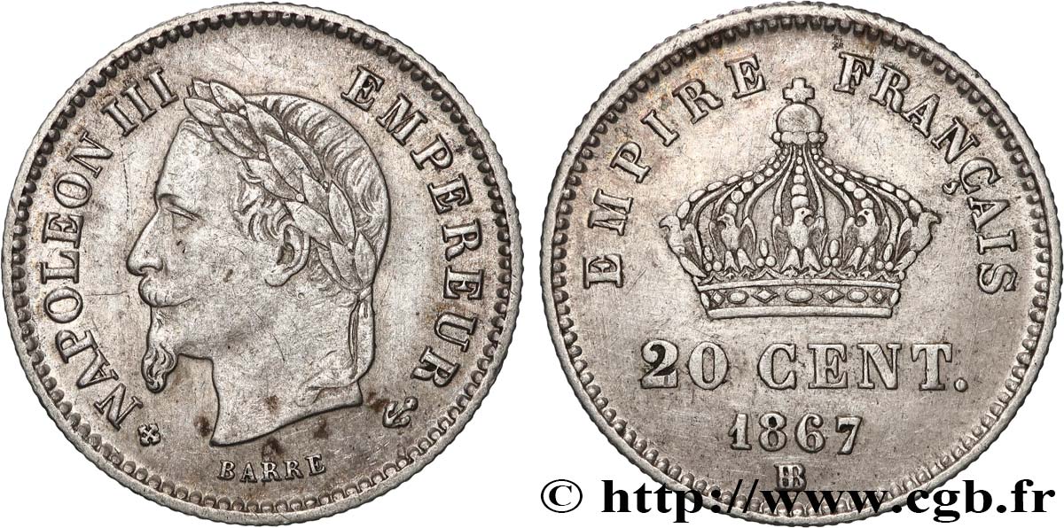 20 centimes Napoléon III, tête laurée, grand module 1867 Strasbourg F.150/2 VF 