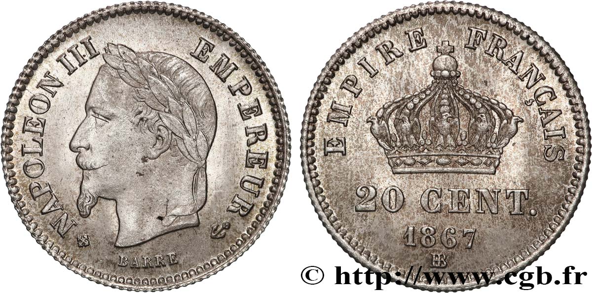 20 centimes Napoléon III, tête laurée, grand module 1867 Strasbourg F.150/2 BC+ 