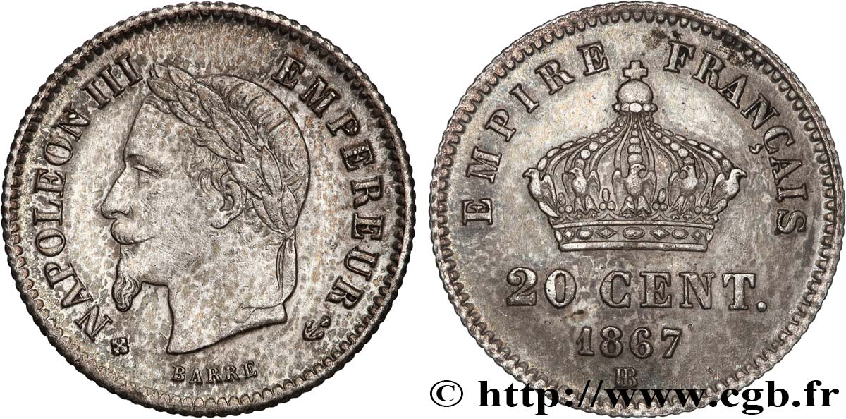 20 centimes Napoléon III, tête laurée, grand module 1867 Strasbourg F.150/2 q.BB 
