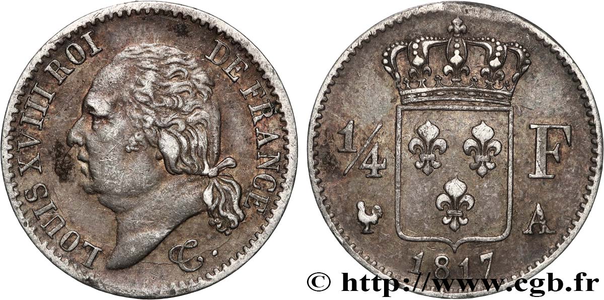 1/4 franc Louis XVIII  1817 Paris F.163/1 TTB 