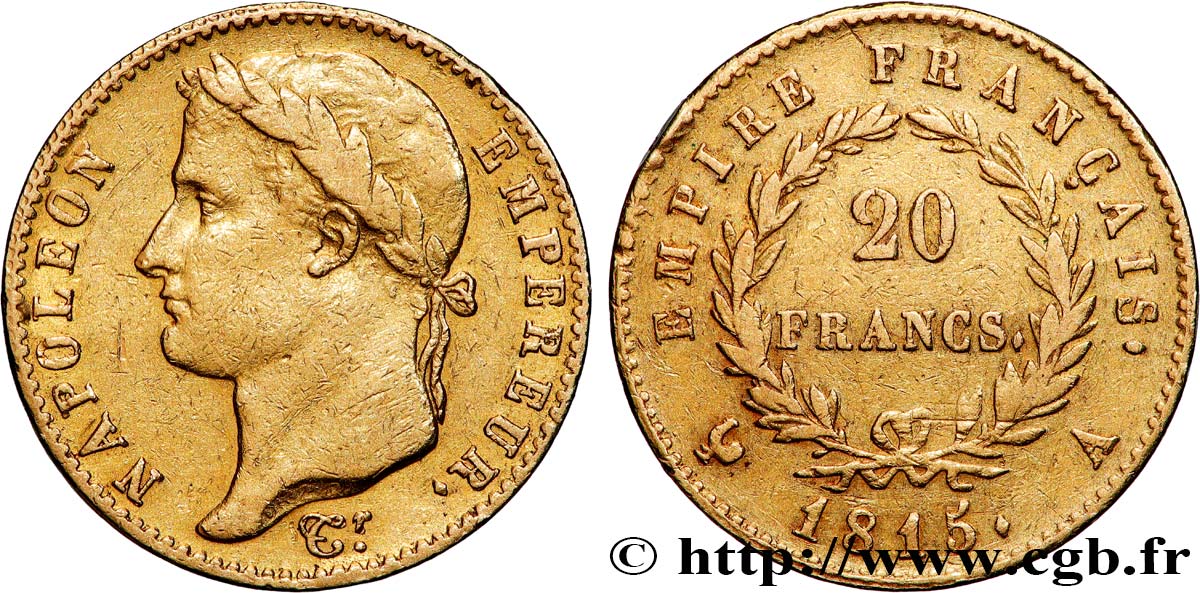 20 francs or Napoléon tête laurée, Cent-Jours 1815 Paris F.516A/1 BC+ 