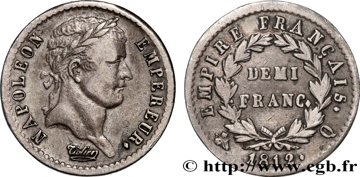Demi-franc Napoléon Ier tête laurée, Empire français 1812 Perpignan F.178/44 VF 