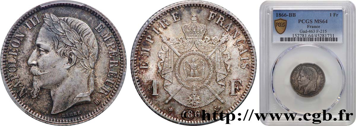 1 franc Napoléon III, tête laurée 1866 Strasbourg F.215/4 MS64 PCGS