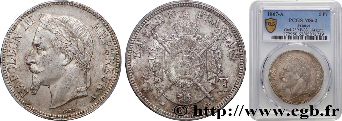 5 francs Napoléon III, tête laurée 1867 Paris F.331/10 SUP62 PCGS