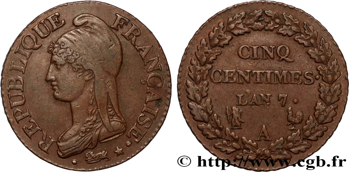 Cinq centimes Dupré, grand module 1799 Paris F.115/44 AU53 