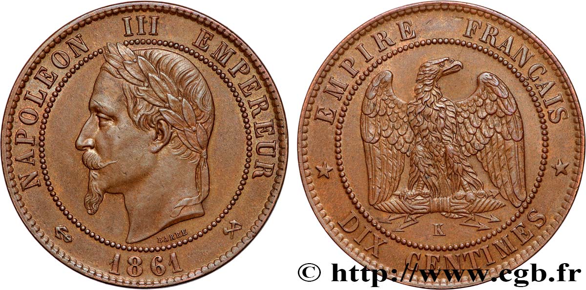 Dix Centimes Napoléon tête laurée 1861 Bordeaux F.134/6 SUP 