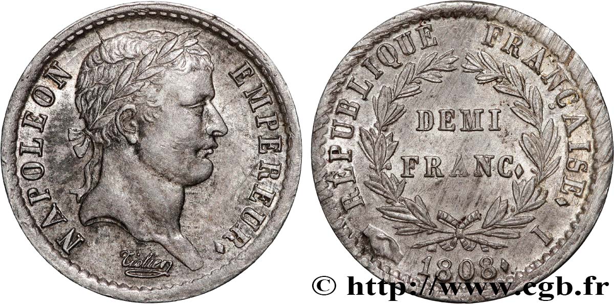 Demi-franc Napoléon Ier tête laurée, République française 1808 Limoges F.177/8 TTB+ 