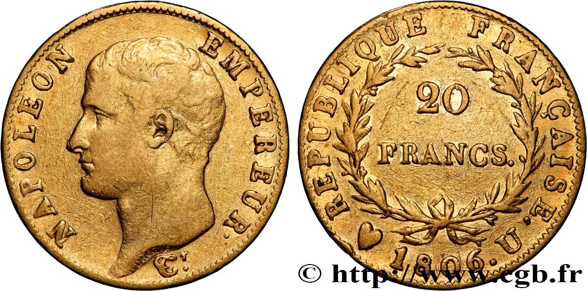 20 francs Napoléon tête nue, calendrier grégorien 1806 Turin F.513/4 BC+ 