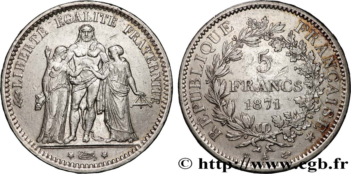 5 francs Hercule, dite “Camélinat” 1871 Paris F.334/3 BB 