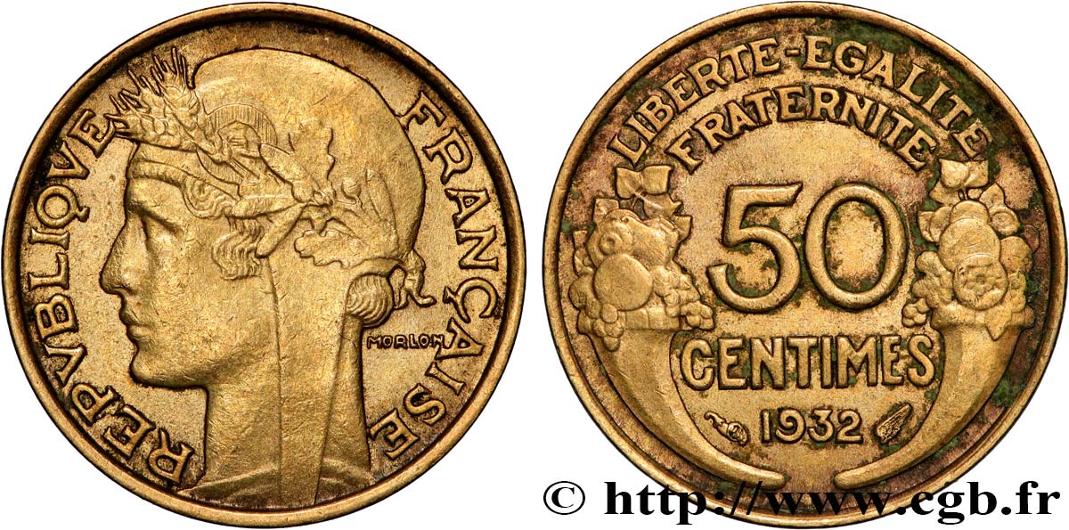 50 centimes Morlon, avec raisin, 9 et 2 ouverts 1932  F.192/7 VZ 