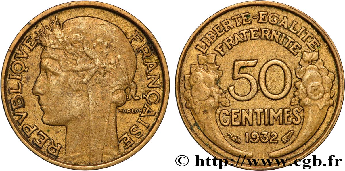 50 centimes Morlon, avec raisin, 9 et 2 ouverts 1932  F.192/7 MBC 