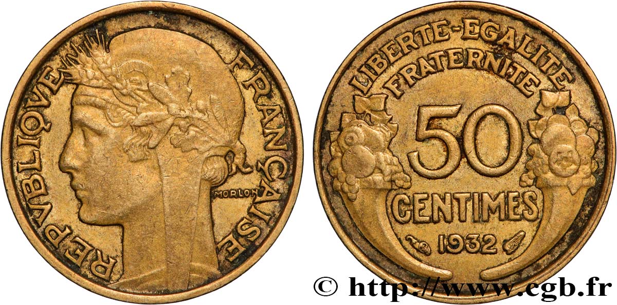 50 centimes Morlon, avec raisin, 9 et 2 ouverts 1932  F.192/7 MBC 