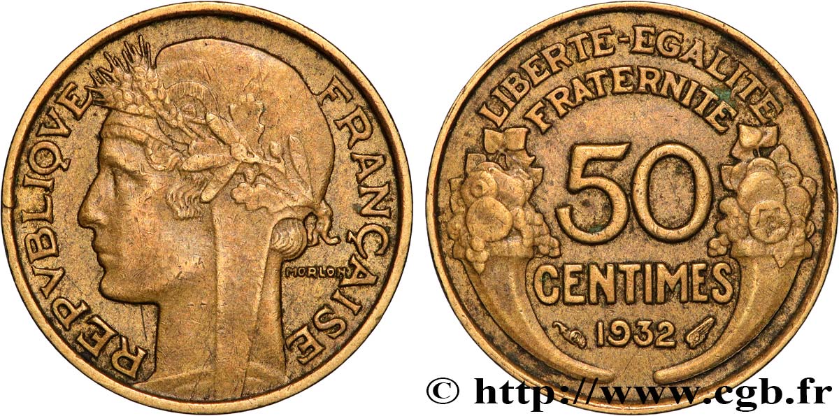 50 centimes Morlon, sans raisin ni fruit, 9 et 2 ouverts 1932  F.192/8 TB+ 