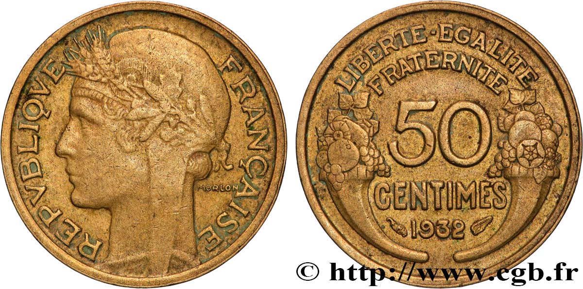 50 centimes Morlon, sans raisin ni fruit, 9 et 2 ouverts 1932  F.192/8 TB+ 