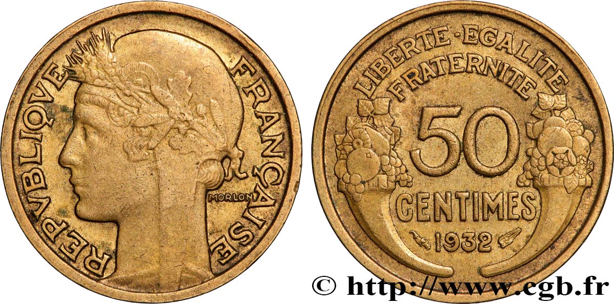 50 centimes Morlon, sans raisin ni fruit, 9 et 2 ouverts 1932  F.192/8 TB+ 