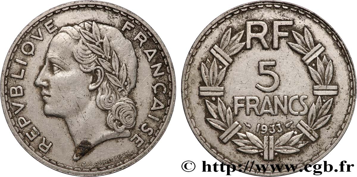 5 francs Lavrillier, nickel 1933  F.336/2 VF 