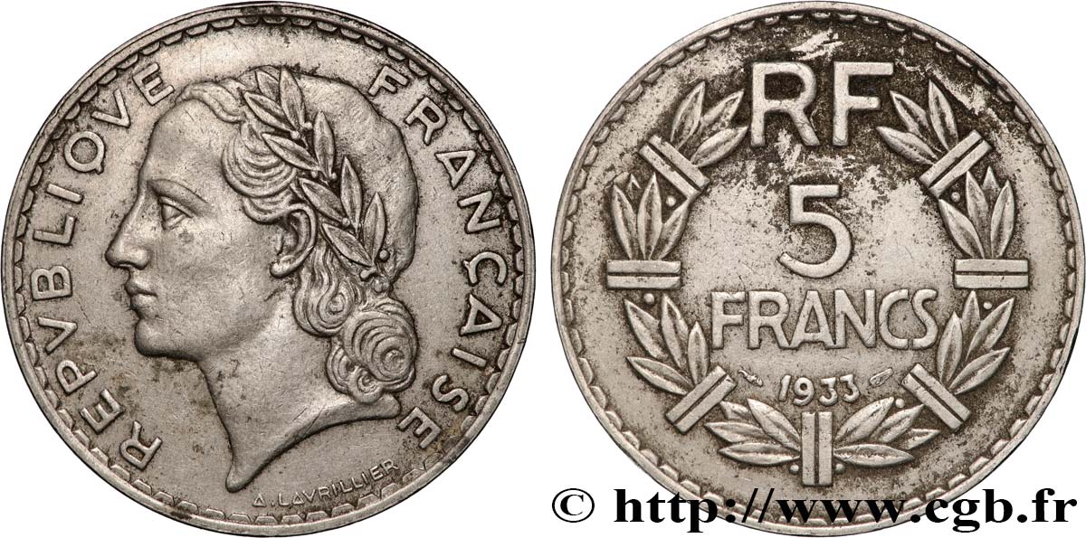 5 francs Lavrillier, nickel 1933  F.336/2 BB 