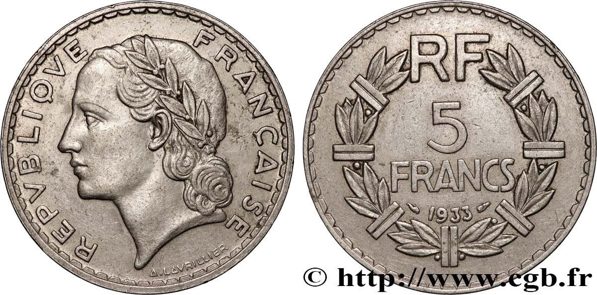 5 francs Lavrillier, nickel 1933  F.336/2 BB 