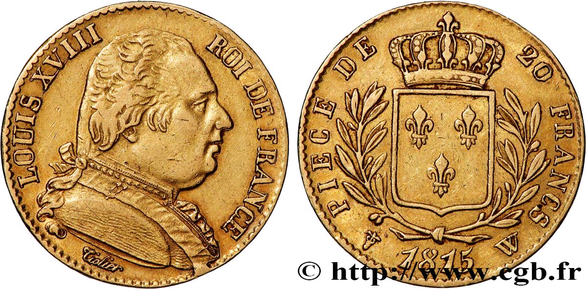 20 francs or Louis XVIII, buste habillé 1815 Lille F.517/18 XF 