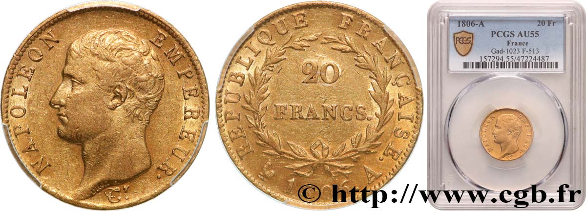 20 francs or Napoléon tête nue, Calendrier grégorien 1806 Paris F.513/1 AU55 PCGS