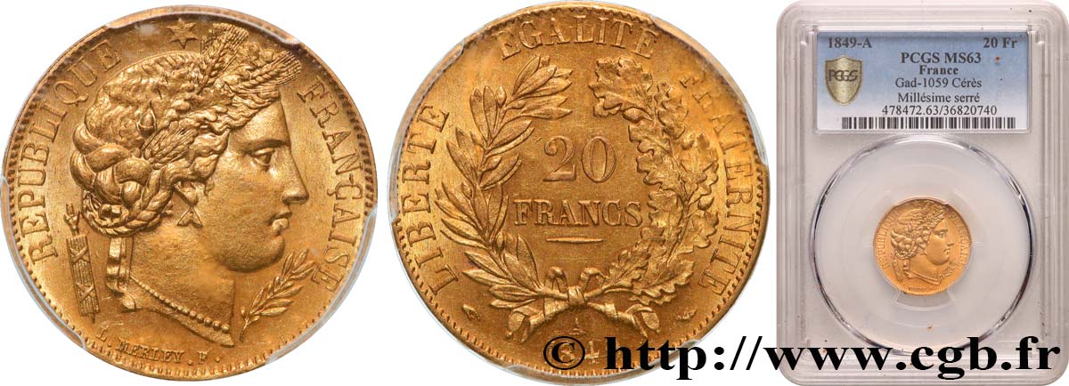 20 francs or Cérès 1849 Paris F.529/1 SPL63 PCGS